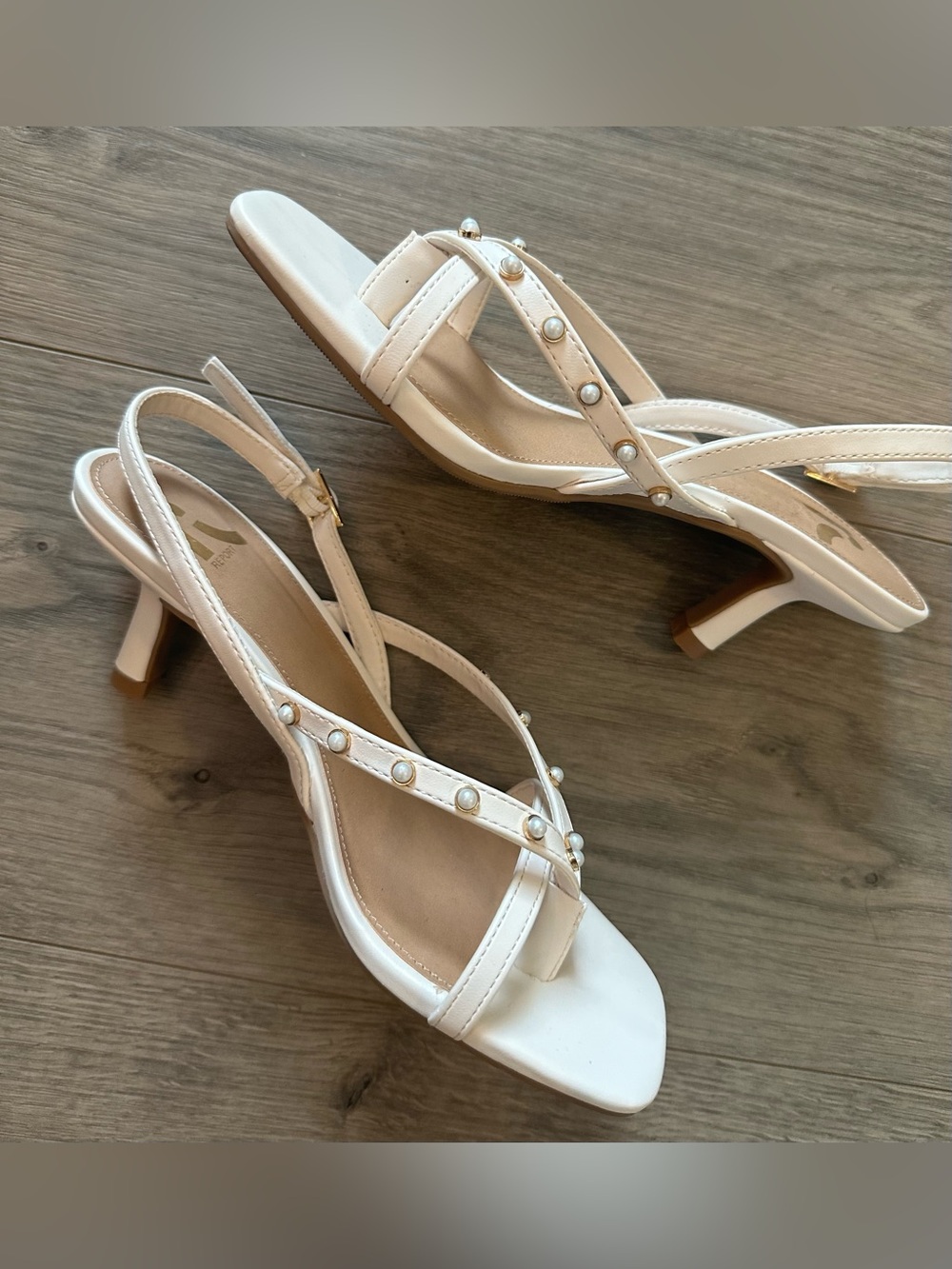 6 Vienna report cream pearl golden kitten heel sandals strapped pearl wedding - Picture 2 of 10